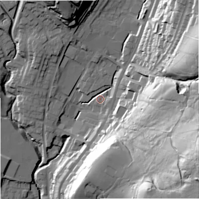 Shaded relief map of the ground around OL128RF, computed from Environment Agency LiDAR. The ground here sits at about 222 m above sea level and falls 80 m across the surrounding 800 m. Surface water reaching this point runs off ground lying to the east-south-east, 71.5 m higher.