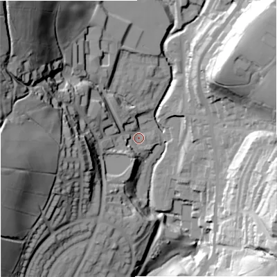 Shaded relief map of the ground around OL128TN, computed from Environment Agency LiDAR. The ground here sits at about 214 m above sea level and falls 78 m across the surrounding 800 m. Surface water reaching this point runs off ground lying to the west, 57.9 m higher.