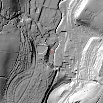 Shaded relief map of the ground around OL128TP, computed from Environment Agency LiDAR. The ground here sits at about 211 m above sea level and falls 72 m across the surrounding 800 m. Surface water reaching this point runs off ground lying to the north-west, 65.7 m higher.