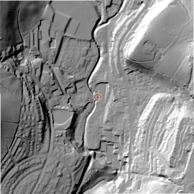 Shaded relief map of the ground around OL128TR, computed from Environment Agency LiDAR. The ground here sits at about 212 m above sea level and falls 67 m across the surrounding 800 m. Surface water reaching this point runs off ground lying to the north-west, 60.1 m higher.