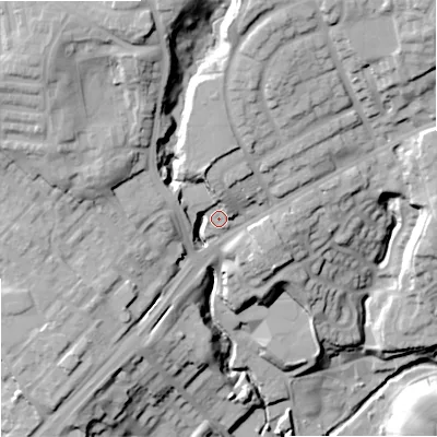 Shaded relief map of the ground around OL129AA, computed from Environment Agency LiDAR. The ground here sits at about 150 m above sea level and falls 47 m across the surrounding 800 m. Surface water reaching this point runs off ground lying to the north-north-west, 29.2 m higher.