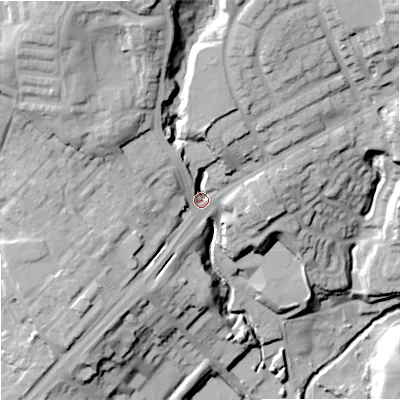 Shaded relief map of the ground around OL129AB, computed from Environment Agency LiDAR. The ground here sits at about 148 m above sea level and falls 47 m across the surrounding 800 m. Surface water reaching this point runs off ground lying to the north-north-west, 29.0 m higher.