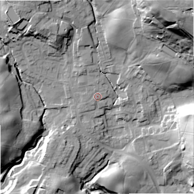 Shaded relief map of the ground around OL129BB, computed from Environment Agency LiDAR. The ground here sits at about 188 m above sea level and falls 90 m across the surrounding 800 m. Surface water reaching this point runs off ground lying to the north, 1.4 m higher.