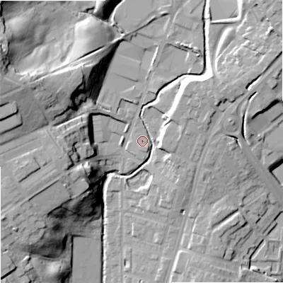 Shaded relief map of the ground around OL129BF, computed from Environment Agency LiDAR. The ground here sits at about 135 m above sea level and falls 33 m across the surrounding 800 m. Surface water reaching this point runs off ground lying to the north-east, 21.5 m higher.