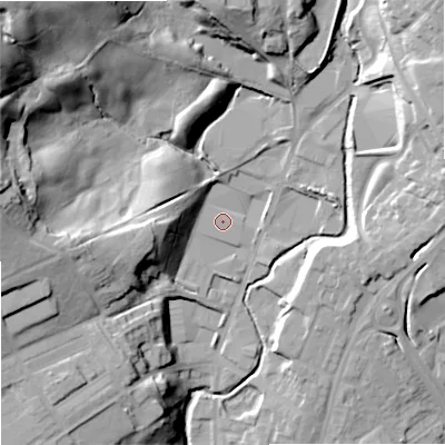 Shaded relief map of the ground around OL129BH, computed from Environment Agency LiDAR. The ground here sits at about 136 m above sea level and falls 48 m across the surrounding 800 m. Surface water reaching this point runs off ground lying to the west, 13.8 m higher.