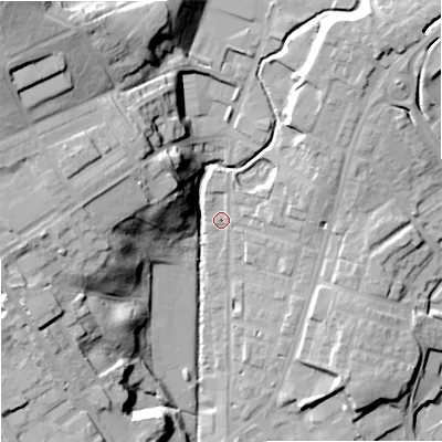 Shaded relief map of the ground around OL129BP, computed from Environment Agency LiDAR. The ground here sits at about 131 m above sea level and falls 39 m across the surrounding 800 m. Surface water reaching this point runs off ground lying to the east-north-east, 6.2 m higher.