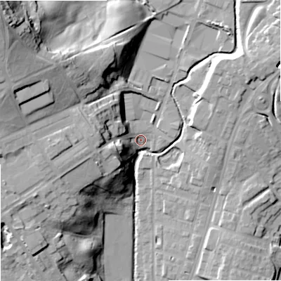 Shaded relief map of the ground around OL129BS, computed from Environment Agency LiDAR. The ground here sits at about 133 m above sea level and falls 44 m across the surrounding 800 m. Surface water reaching this point runs off ground lying to the north-west, 34.9 m higher.