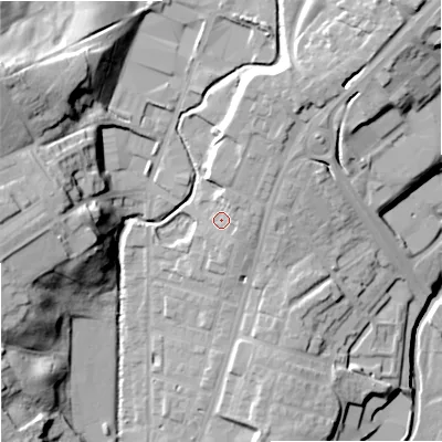 Shaded relief map of the ground around OL129DB, computed from Environment Agency LiDAR. The ground here sits at about 136 m above sea level and falls 32 m across the surrounding 800 m. Surface water reaching this point runs off ground lying to the north-north-east, 3.7 m higher.