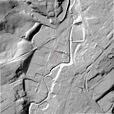 Shaded relief map of the ground around OL129DJ, computed from Environment Agency LiDAR. The ground here sits at about 136 m above sea level and falls 47 m across the surrounding 800 m. Surface water reaching this point runs off ground lying to the east-north-east, 4.4 m higher.