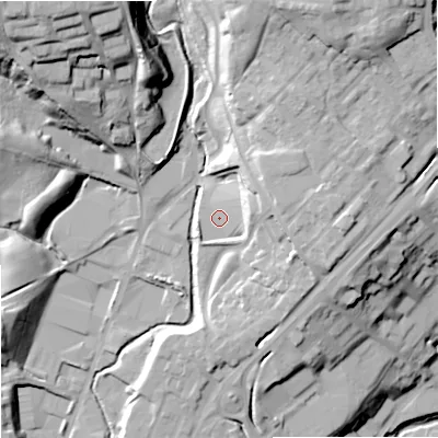 Shaded relief map of the ground around OL129DN, computed from Environment Agency LiDAR. The ground here sits at about 143 m above sea level and falls 48 m across the surrounding 800 m. Surface water reaching this point runs off ground lying to the east-north-east, 10.6 m higher.