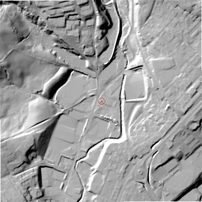 Shaded relief map of the ground around OL129EF, computed from Environment Agency LiDAR. The ground here sits at about 139 m above sea level and falls 42 m across the surrounding 800 m. Surface water reaching this point runs off ground lying to the north-north-west, 30.1 m higher.