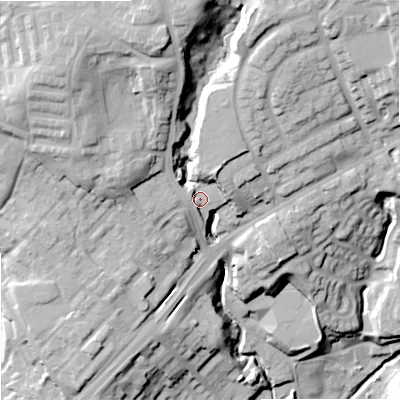 Shaded relief map of the ground around OL129EN, computed from Environment Agency LiDAR. The ground here sits at about 152 m above sea level and falls 47 m across the surrounding 800 m. Surface water reaching this point runs off ground lying to the north, 24.8 m higher.