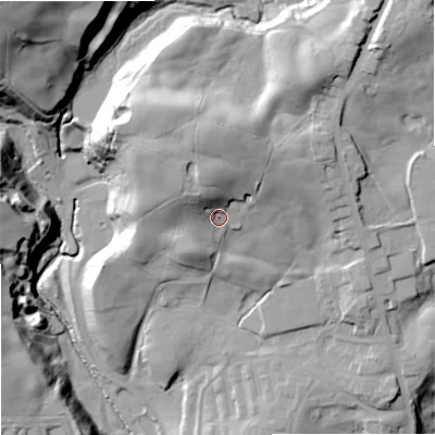 Shaded relief map of the ground around OL129HH, computed from Environment Agency LiDAR. The ground here sits at about 182 m above sea level and falls 64 m across the surrounding 800 m. Surface water reaching this point runs off ground lying to the north-north-west, 12.0 m higher.