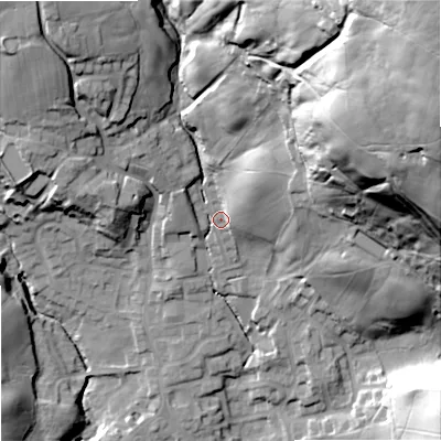 Shaded relief map of the ground around OL129JP, computed from Environment Agency LiDAR. The ground here sits at about 193 m above sea level and falls 105 m across the surrounding 800 m. Surface water reaching this point runs off ground lying to the north-east, 91.2 m higher.