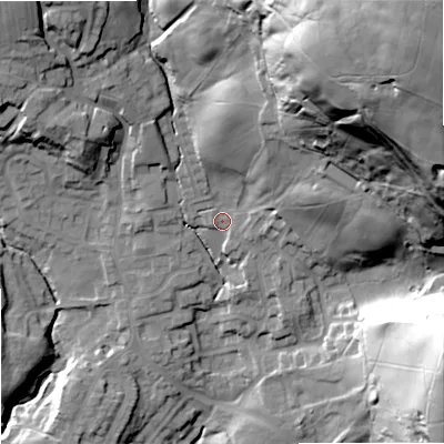 Shaded relief map of the ground around OL129JS, computed from Environment Agency LiDAR. The ground here sits at about 190 m above sea level and falls 101 m across the surrounding 800 m. Surface water reaching this point runs off ground lying to the north-east, 87.6 m higher.