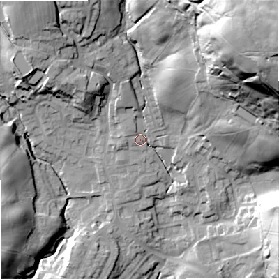 Shaded relief map of the ground around OL129JW, computed from Environment Agency LiDAR. The ground here sits at about 190 m above sea level and falls 95 m across the surrounding 800 m. Surface water reaching this point runs off ground lying to the north-east, 81.2 m higher.