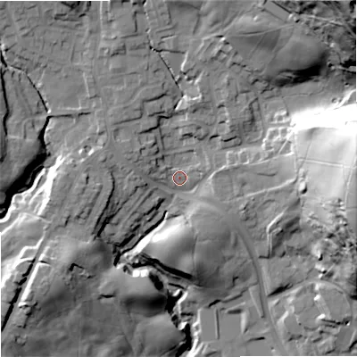 Shaded relief map of the ground around OL129LX, computed from Environment Agency LiDAR. The ground here sits at about 182 m above sea level and falls 80 m across the surrounding 800 m. Surface water reaching this point runs off ground lying to the north-east, 64.0 m higher.