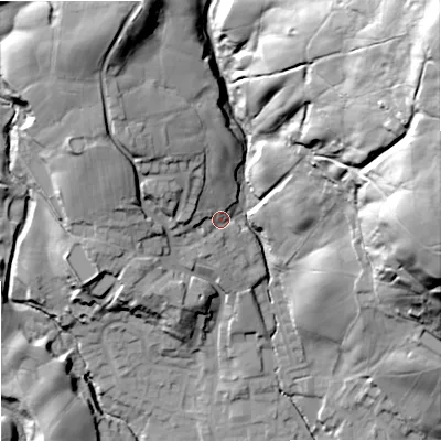 Shaded relief map of the ground around OL129NF, computed from Environment Agency LiDAR. The ground here sits at about 200 m above sea level and falls 96 m across the surrounding 800 m. Surface water reaching this point runs off ground lying to the north-west, 10.8 m higher.
