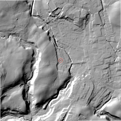 Shaded relief map of the ground around OL129NN, computed from Environment Agency LiDAR. The ground here sits at about 187 m above sea level and falls 42 m across the surrounding 800 m. Surface water reaching this point runs off ground lying to the south-west, 12.9 m higher.