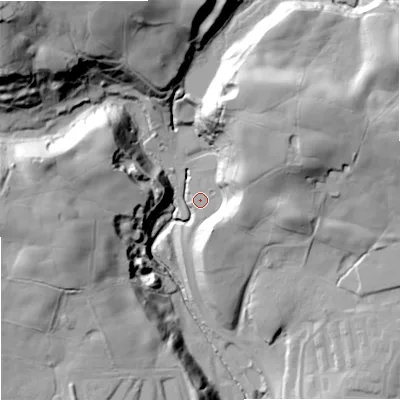 Shaded relief map of the ground around OL129PS, computed from Environment Agency LiDAR. The ground here sits at about 162 m above sea level and falls 75 m across the surrounding 800 m. Surface water reaching this point runs off ground lying to the north-east, 33.8 m higher.