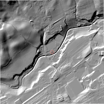Shaded relief map of the ground around OL12RR, computed from Environment Agency LiDAR. The ground here sits at about 104 m above sea level and falls 43 m across the surrounding 800 m. Surface water reaching this point runs off ground lying to the north, 22.9 m higher.