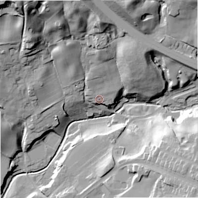 Shaded relief map of the ground around OL12RX, computed from Environment Agency LiDAR. The ground here sits at about 116 m above sea level and falls 58 m across the surrounding 800 m. Surface water reaching this point runs off ground lying to the north, 20.9 m higher.