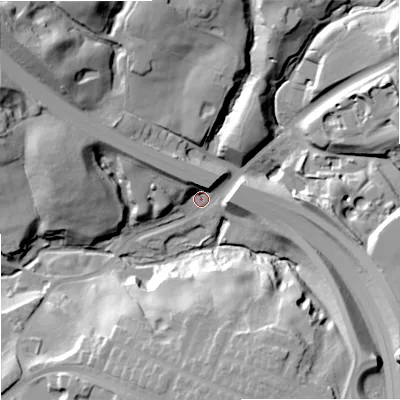 Shaded relief map of the ground around OL12SZ, computed from Environment Agency LiDAR. The ground here sits at about 114 m above sea level and falls 42 m across the surrounding 800 m. Surface water reaching this point runs off ground lying to the north-west, 35.2 m higher.