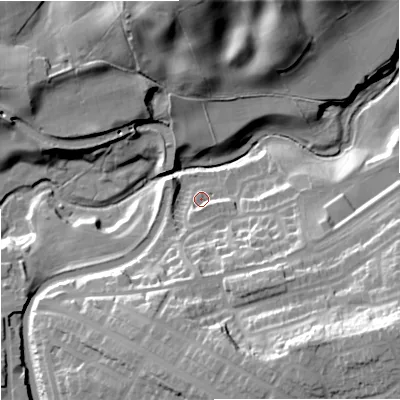 Shaded relief map of the ground around OL12TX, computed from Environment Agency LiDAR. The ground here sits at about 100 m above sea level and falls 42 m across the surrounding 800 m. Surface water reaching this point runs off ground lying to the south, 5.2 m higher.