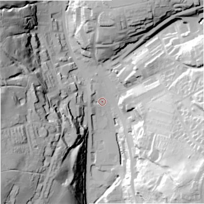 Shaded relief map of the ground around OL130AA, computed from Environment Agency LiDAR. The ground here sits at about 250 m above sea level and falls 70 m across the surrounding 800 m. Surface water reaching this point runs off ground lying to the west, 5.0 m higher.