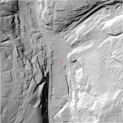 Shaded relief map of the ground around OL130AD, computed from Environment Agency LiDAR. The ground here sits at about 250 m above sea level and falls 68 m across the surrounding 800 m. Surface water reaching this point runs off ground lying to the west-south-west, 61.5 m higher.