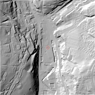 Shaded relief map of the ground around OL130AG, computed from Environment Agency LiDAR. The ground here sits at about 249 m above sea level and falls 69 m across the surrounding 800 m. Surface water reaching this point runs off ground lying to the west, 66.3 m higher.