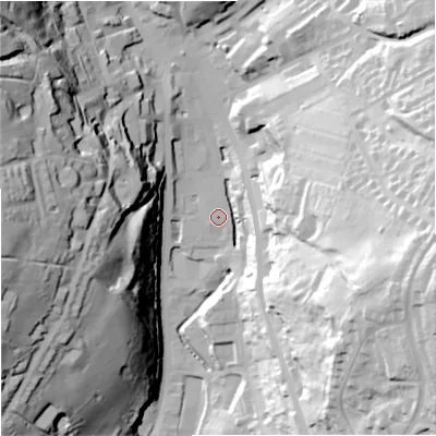 Shaded relief map of the ground around OL130AR, computed from Environment Agency LiDAR. The ground here sits at about 249 m above sea level and falls 67 m across the surrounding 800 m. Surface water reaching this point runs off ground lying to the south-east, 14.5 m higher.
