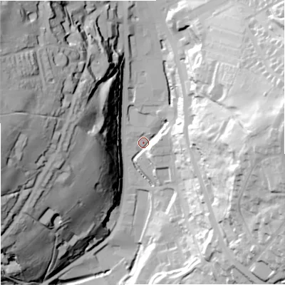Shaded relief map of the ground around OL130AS, computed from Environment Agency LiDAR. The ground here sits at about 245 m above sea level and falls 76 m across the surrounding 800 m. Surface water reaching this point runs off ground lying to the west-north-west, 70.3 m higher.