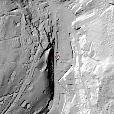 Shaded relief map of the ground around OL130AT, computed from Environment Agency LiDAR. The ground here sits at about 248 m above sea level and falls 75 m across the surrounding 800 m. Surface water reaching this point runs off ground lying to the west-north-west, 72.0 m higher.