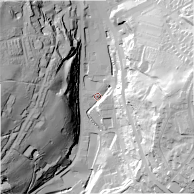 Shaded relief map of the ground around OL130AU, computed from Environment Agency LiDAR. The ground here sits at about 246 m above sea level and falls 73 m across the surrounding 800 m. Surface water reaching this point runs off ground lying to the west-north-west, 69.1 m higher.