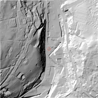 Shaded relief map of the ground around OL130AX, computed from Environment Agency LiDAR. The ground here sits at about 246 m above sea level and falls 79 m across the surrounding 800 m. Surface water reaching this point runs off ground lying to the west-north-west, 72.9 m higher.