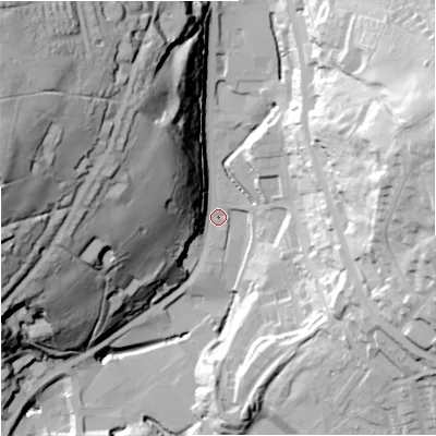 Shaded relief map of the ground around OL130AY, computed from Environment Agency LiDAR. The ground here sits at about 244 m above sea level and falls 82 m across the surrounding 800 m. Surface water reaching this point runs off ground lying to the north-west, 73.0 m higher.