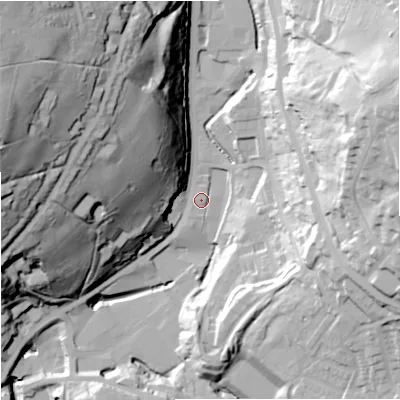 Shaded relief map of the ground around OL130AZ, computed from Environment Agency LiDAR. The ground here sits at about 245 m above sea level and falls 83 m across the surrounding 800 m. Surface water reaching this point runs off ground lying to the west-north-west, 71.6 m higher.