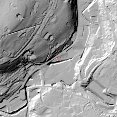 Shaded relief map of the ground around OL130BH, computed from Environment Agency LiDAR. The ground here sits at about 244 m above sea level and falls 88 m across the surrounding 800 m. Surface water reaching this point runs off ground lying to the north-east, 42.7 m higher.