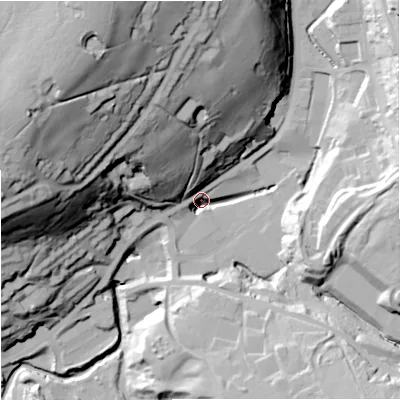 Shaded relief map of the ground around OL130BL, computed from Environment Agency LiDAR. The ground here sits at about 244 m above sea level and falls 89 m across the surrounding 800 m. Surface water reaching this point runs off ground lying to the north-north-west, 64.9 m higher.