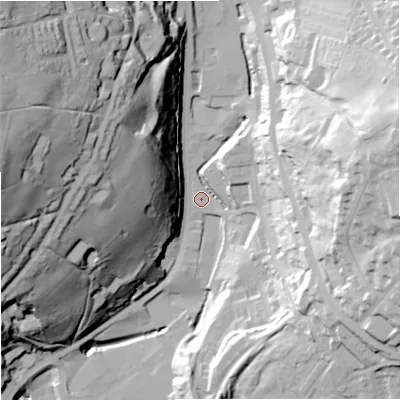 Shaded relief map of the ground around OL130BN, computed from Environment Agency LiDAR. The ground here sits at about 245 m above sea level and falls 81 m across the surrounding 800 m. Surface water reaching this point runs off ground lying to the north-west, 72.6 m higher.