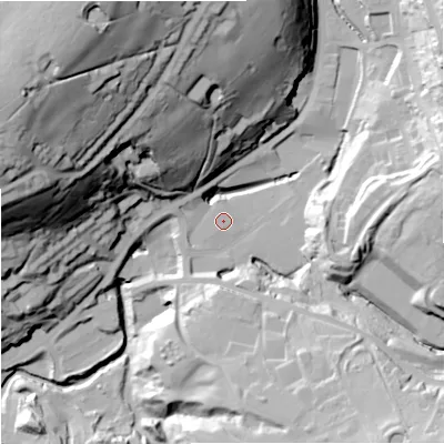 Shaded relief map of the ground around OL130BW, computed from Environment Agency LiDAR. The ground here sits at about 244 m above sea level and falls 87 m across the surrounding 800 m. Surface water reaching this point runs off ground lying to the south-east, 34.7 m higher.