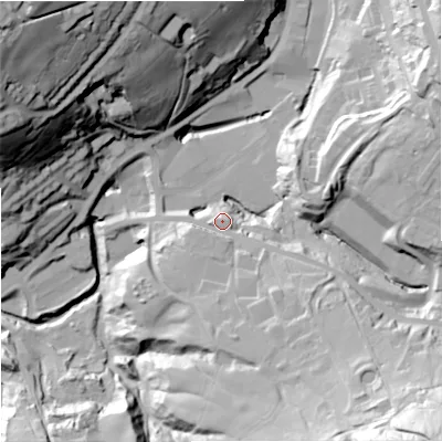 Shaded relief map of the ground around OL130BY, computed from Environment Agency LiDAR. The ground here sits at about 252 m above sea level and falls 83 m across the surrounding 800 m. Surface water reaching this point runs off ground lying to the south-south-east, 12.3 m higher.