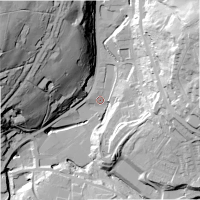 Shaded relief map of the ground around OL130DR, computed from Environment Agency LiDAR. The ground here sits at about 243 m above sea level and falls 84 m across the surrounding 800 m. Surface water reaching this point runs off ground lying to the north-east, 64.9 m higher.
