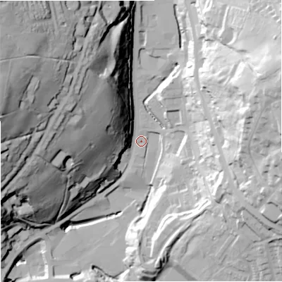 Shaded relief map of the ground around OL130DS, computed from Environment Agency LiDAR. The ground here sits at about 245 m above sea level and falls 82 m across the surrounding 800 m. Surface water reaching this point runs off ground lying to the north-west, 72.8 m higher.