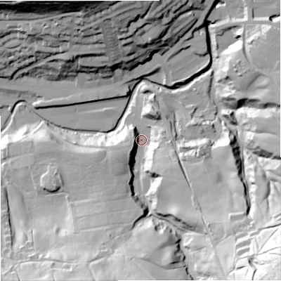 Shaded relief map of the ground around OL130EA, computed from Environment Agency LiDAR. The ground here sits at about 234 m above sea level and falls 99 m across the surrounding 800 m. Surface water reaching this point runs off ground lying to the south-east, 76.1 m higher.