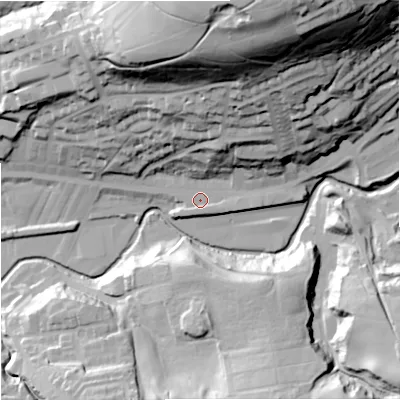 Shaded relief map of the ground around OL130EL, computed from Environment Agency LiDAR. The ground here sits at about 230 m above sea level and falls 84 m across the surrounding 800 m. Surface water reaching this point runs off ground lying to the north-north-east, 74.7 m higher.
