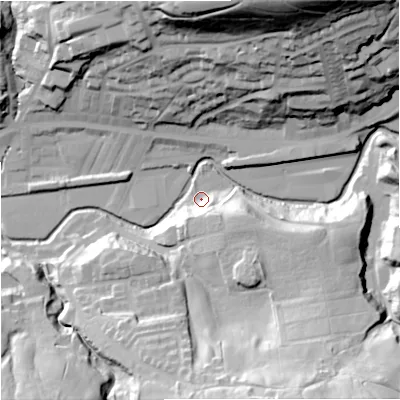 Shaded relief map of the ground around OL130ES, computed from Environment Agency LiDAR. The ground here sits at about 226 m above sea level and falls 71 m across the surrounding 800 m. Surface water reaching this point runs off ground lying to the south-east, 17.9 m higher.