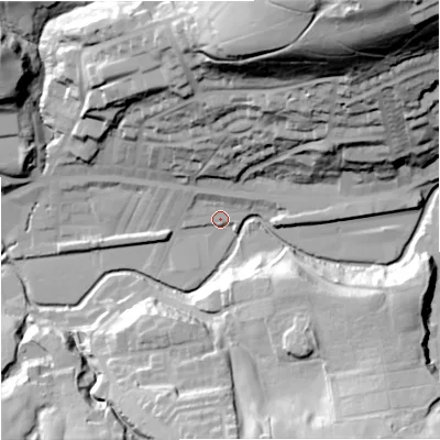 Shaded relief map of the ground around OL130ET, computed from Environment Agency LiDAR. The ground here sits at about 226 m above sea level and falls 83 m across the surrounding 800 m. Surface water reaching this point runs off ground lying to the north-north-east, 74.3 m higher.