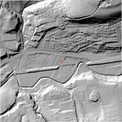Shaded relief map of the ground around OL130EU, computed from Environment Agency LiDAR. The ground here sits at about 226 m above sea level and falls 85 m across the surrounding 800 m. Surface water reaching this point runs off ground lying to the north-east, 73.2 m higher.
